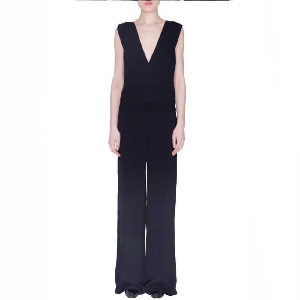 Derek Lam Black Crepe Plunge Neck Detail Jumpsuit